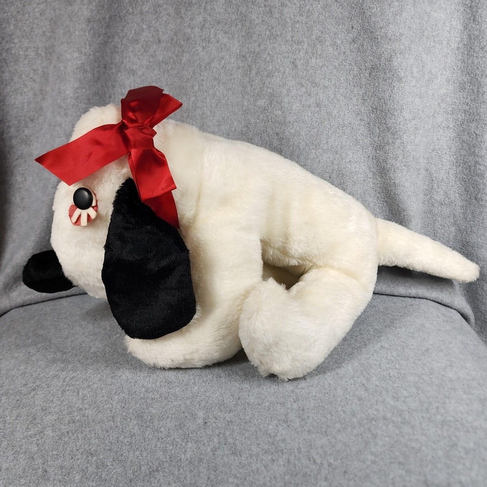 Vintage Large Snoopy Style Plush Dog Stuffed Animal White Black Red Bow 22 Inch
